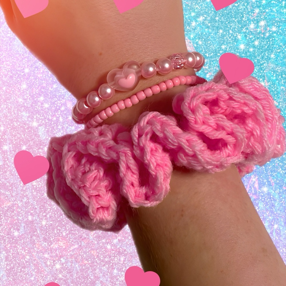 Pink Knitted Scrunchie and Bracelet Set